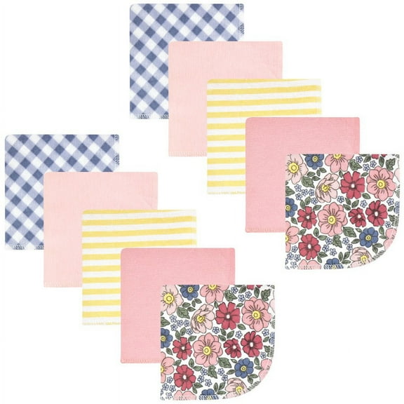 Hudson Baby Infant Girl Flannel Cotton Washcloths, Pink Blue Pretty Floral 10 Pack, One Size