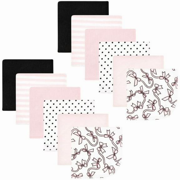 Hudson Baby Infant Girl Flannel Cotton Washcloths, Pink Bows 12 Pack, One Size