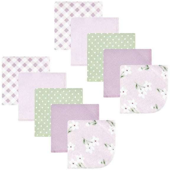 Hudson Baby Infant Girl Flannel Cotton Washcloths, Purple Dainty Floral 10 Pack, One Size