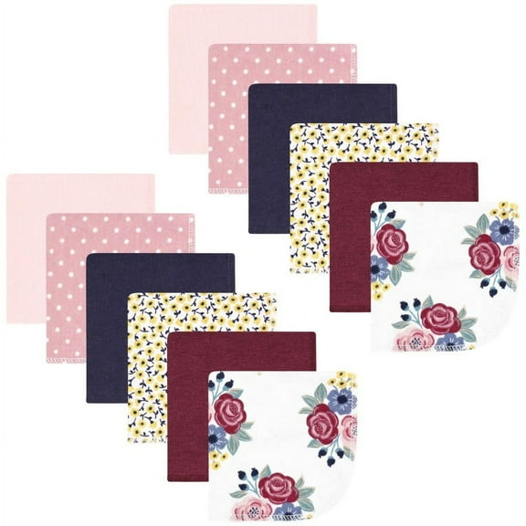 Hudson Baby Infant Girl Flannel Washcloths, Blush Navy Floral 12Pk, One Size