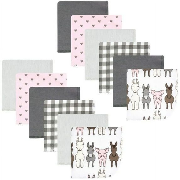 Hudson Baby Infant Girl Flannel Washcloths, Farm Friends Pink 12Pk, One Size