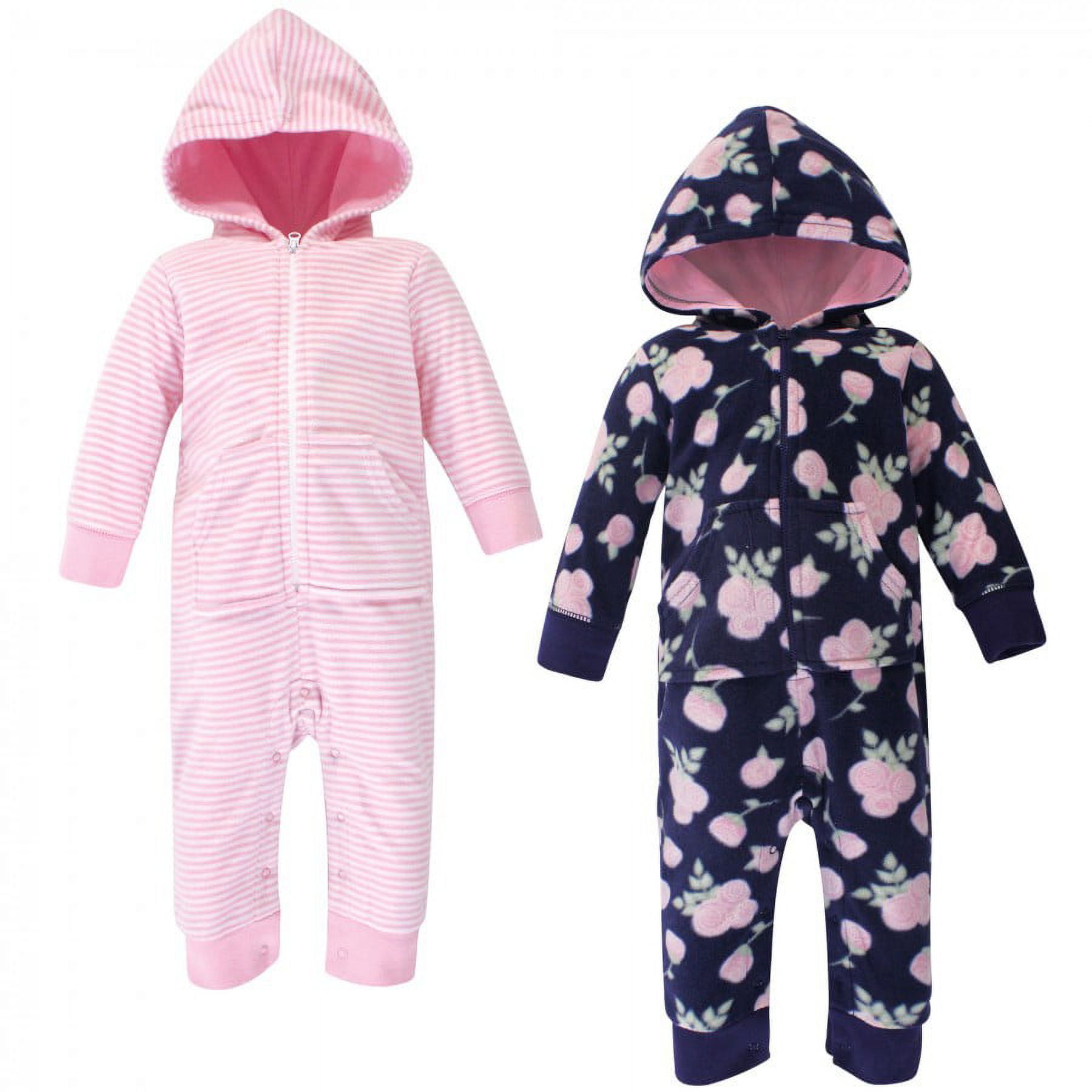 Hudson Baby Infant Girl Fleece Jumpsuits, Coveralls, and Playsuits 2pk, Navy Rose, 9-12 Months