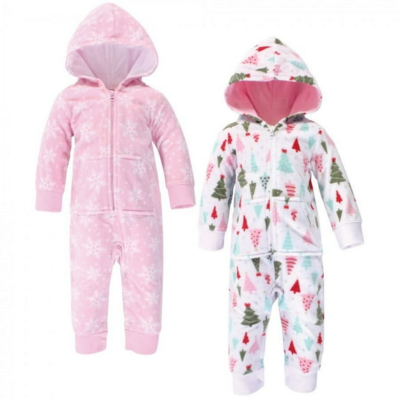 Hudson Baby Infant Girl Fleece Jumpsuits, Coveralls, and Playsuits 2pk, Sparkle Trees, 0-3 Months