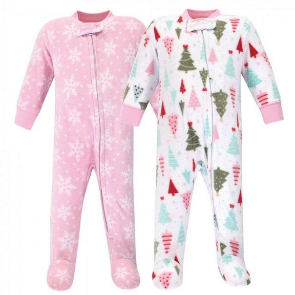 Hudson Baby Infant Girl Fleece Zipper Sleep and Play 2pk, Sparkle Trees, 0-3 Months