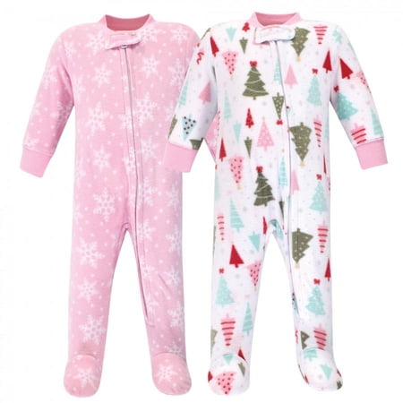 Hudson Baby Infant Girl Fleece Zipper Sleep and Play 2pk, Sparkle Trees, 6-9 Months