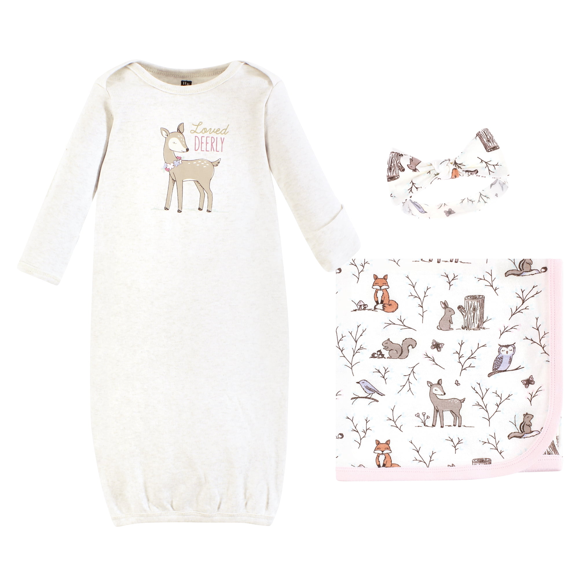 Hudson Baby Infant Girl Gown, Swaddle Blanket and Cap or Headband, Enchanted Forest, 0-6 Months
