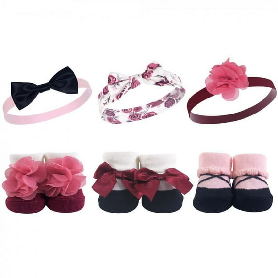 Hudson Baby Infant Girl Headband and Socks Giftset 6pc, Burgundy Floral, One Size