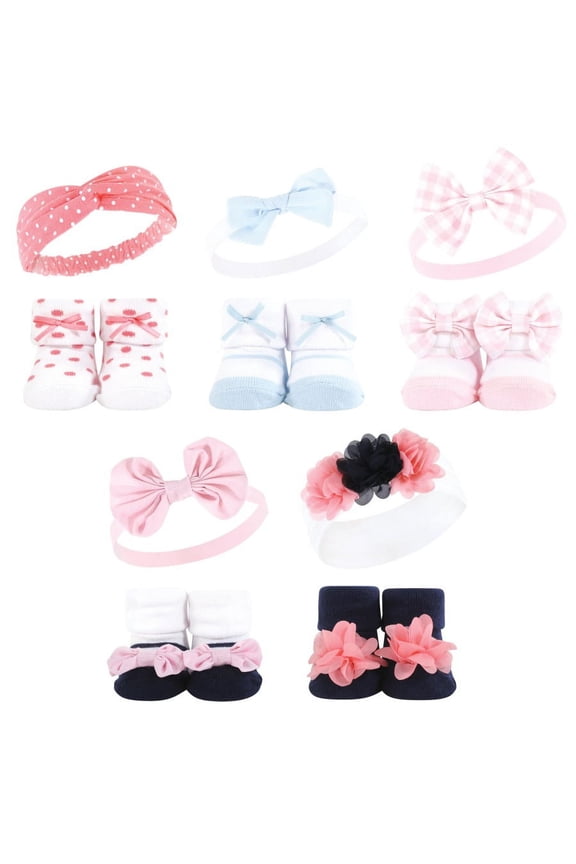 Infant Girl Headband and Socks Giftset, Pink Blue 10-Piece, One Size