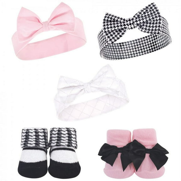 Hudson Baby Infant Girl Headband and Socks Set 5pk, Houndstooth, 0-9 Months