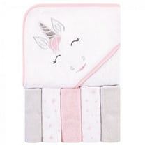 Hudson Baby Infant Girl Hooded Towel and Five Washcloths, Pink Unicorn, One Size