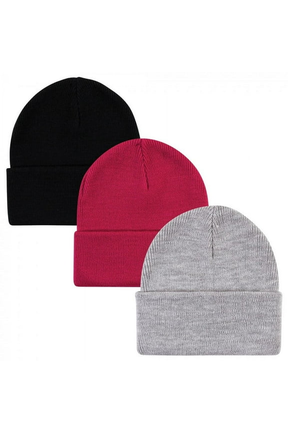 Infant Girl Knit Cuffed Beanie 3pk, Dark Pink, Infant Toddler