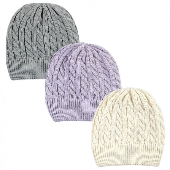 Hudson Baby Infant Girl Knit Cuffed Beanie 3pk, Lilac Cream, Adult