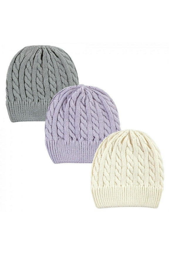 Infant Girl Knit Cuffed Beanie 3pk, Lilac Cream, Infant Toddler