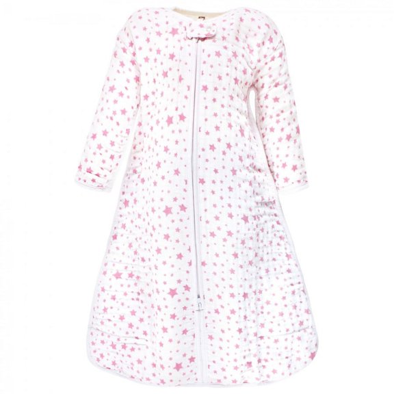 Hudson Baby Infant Girl Long Sleeve Muslin Sleeping Bag, Wearable Blanket, Sleep Sack, Pink Star, 0-6 Months
