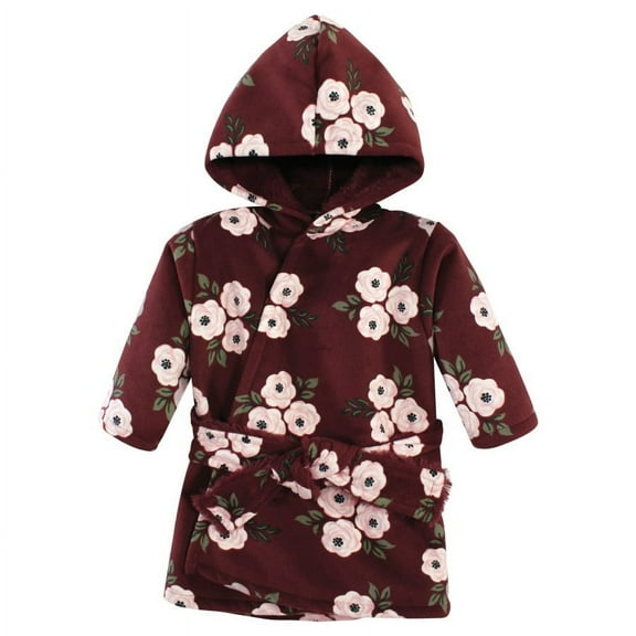 Hudson Baby Infant Girl Mink with Faux Fur Lining Pool and Beach Robe Cover-ups, Burgundy Floral, 18-24 Months