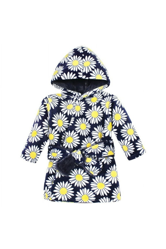 Infant Girl Mink with Faux Fur Lining Pool and Beach Robe Cover-ups, Navy Daisy, 6-12 Months