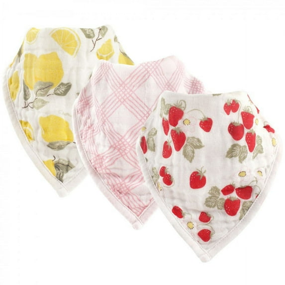 Hudson Baby Infant Girl Muslin Cotton Bandana Bibs 3pk, Strawberry Lemon, One Size