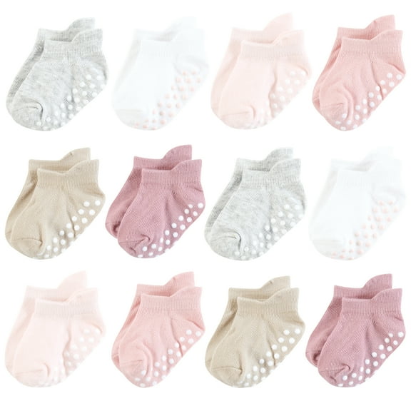 Hudson Baby Infant Girl Non-Skid No-Show Socks, Mauve Neutral, 0-6 Months