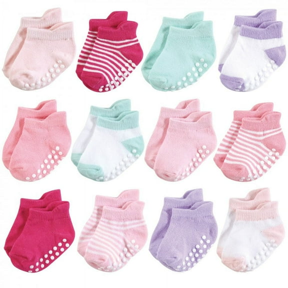 Hudson Baby Infant Girl Non-Skid No-Show Socks, Pink Lilac, 12-24 Months