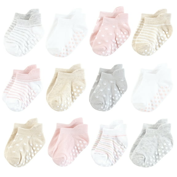 Hudson Baby Infant Girl Non-Skid No-Show Socks, Soft Pink Dot Stripe, 6-12 Months