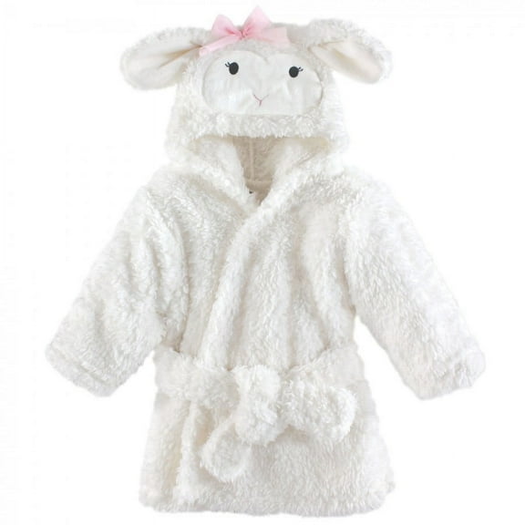Hudson Baby Infant Girl Plush Animal Face Bathrobe, Girl Lamb, 0-9 Months