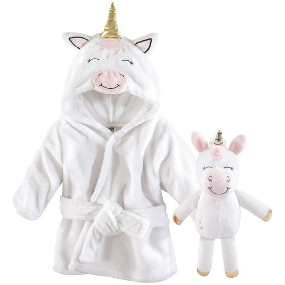 Hudson Baby Infant Girl Plush Bathrobe and Toy Set, Modern Unicorn, One Size