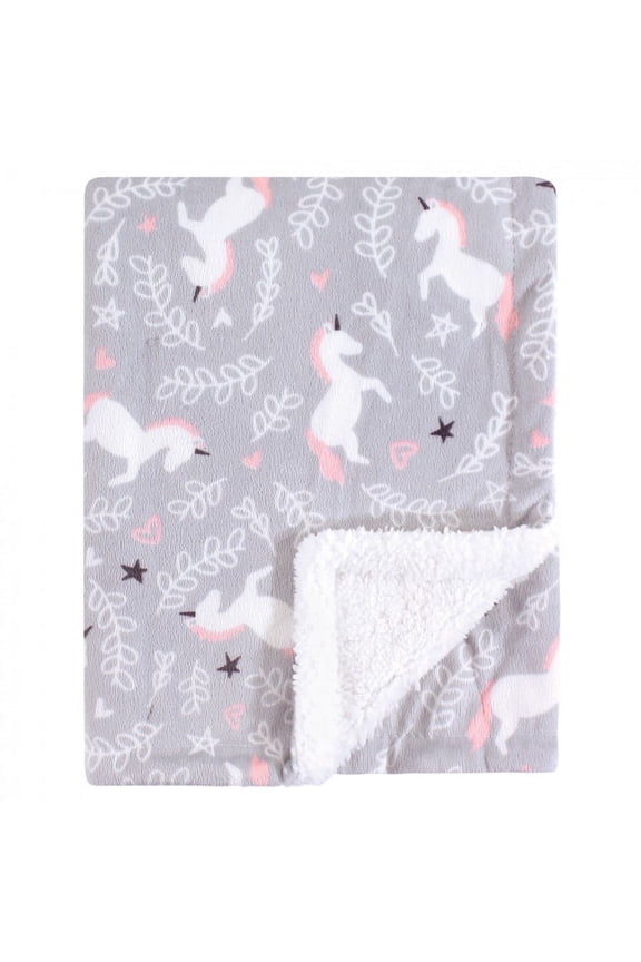 Infant Girl Plush Blanket with Faux Shearling Back, Whimsical Unicorn, One Size