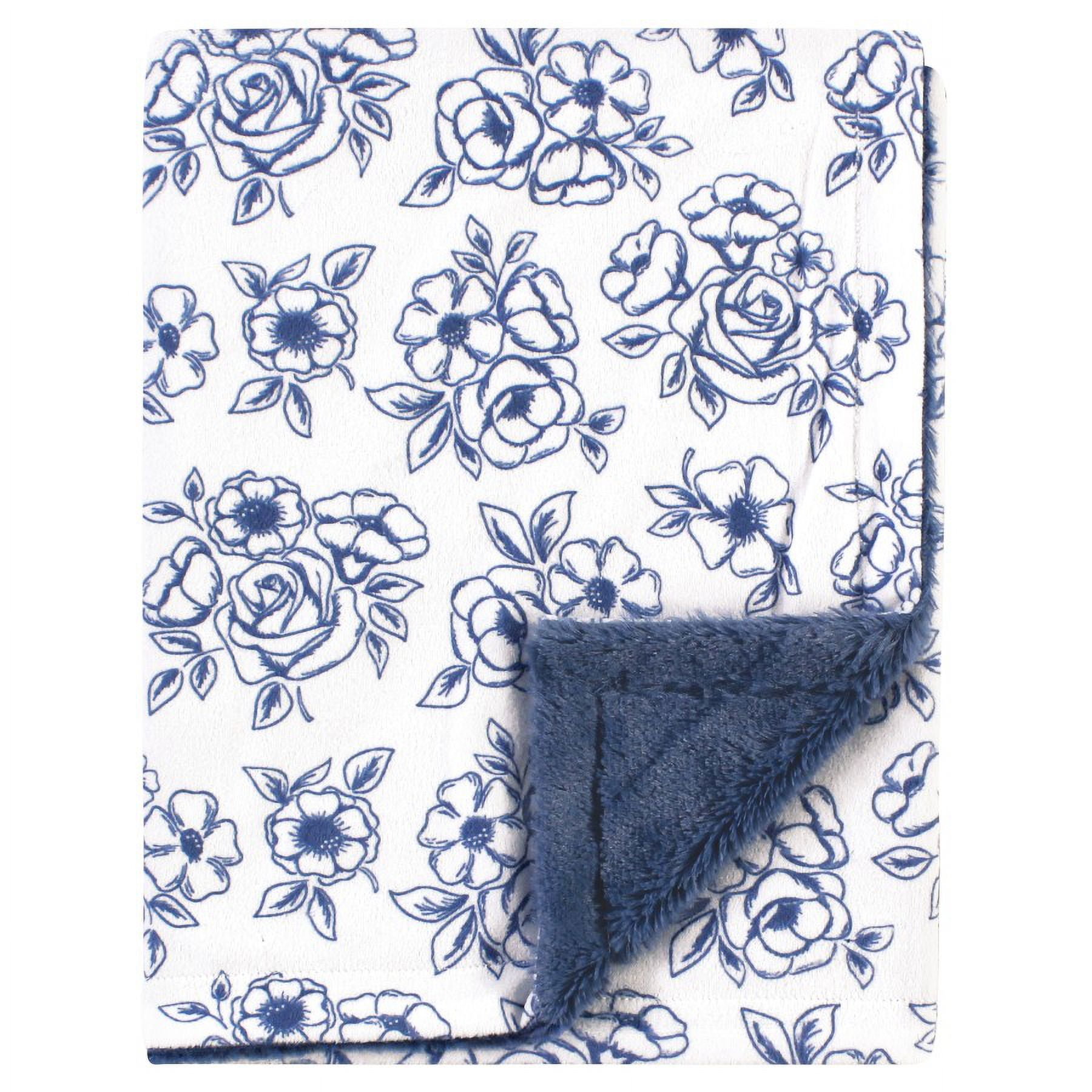 Hudson Baby Infant Girl Plush Blanket with Furry Binding and Back, Blue Toile, One Size