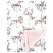 Hudson Baby Infant Girls Plush Blanket with Furry Binding and Back, Carousel Horse, One Size
