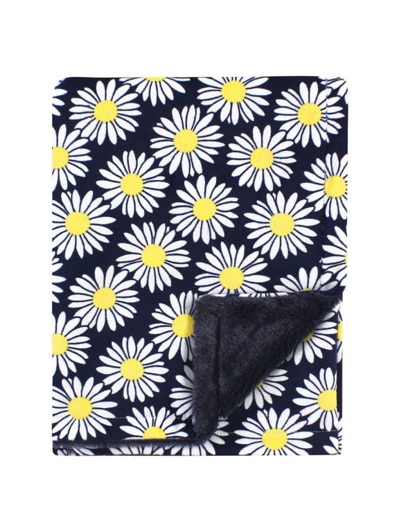 Infant Girl Plush Blanket with Furry Binding and Back, Navy Daisy, One Size