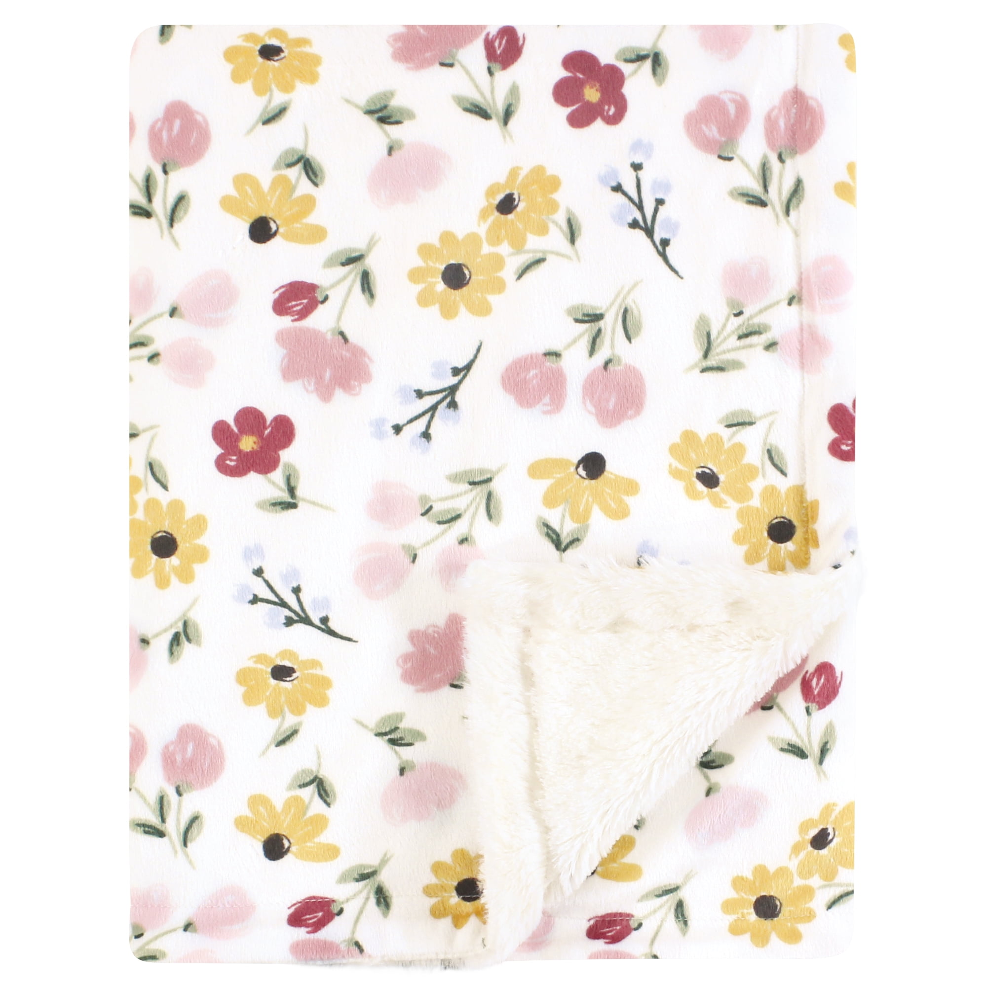 Hudson Baby Infant Girl Plush Blanket with Furry Binding and Back, Soft Painted Floral, One Size