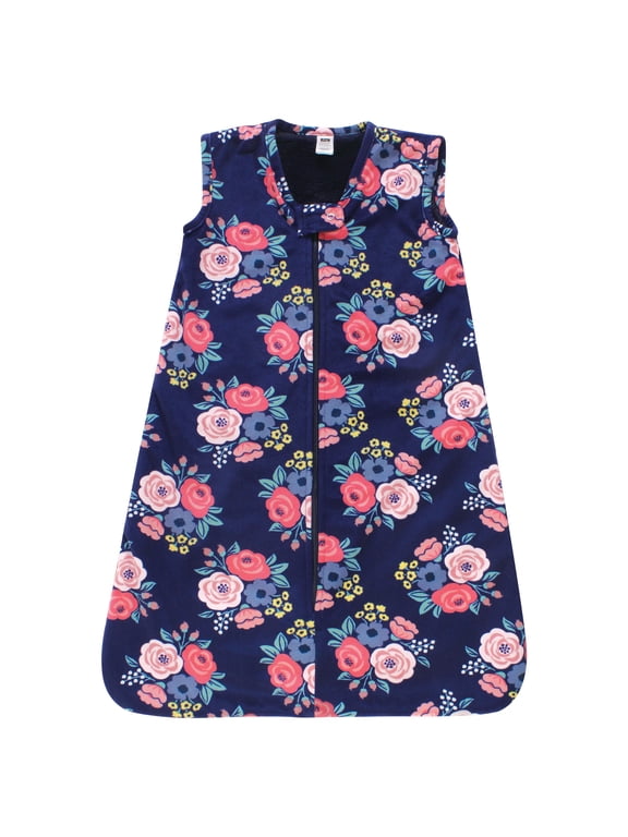 Infant Girl Plush Faux Fur Sleeping Bag, Wearable Blanket, Navy Bold Floral, 6-12 Months