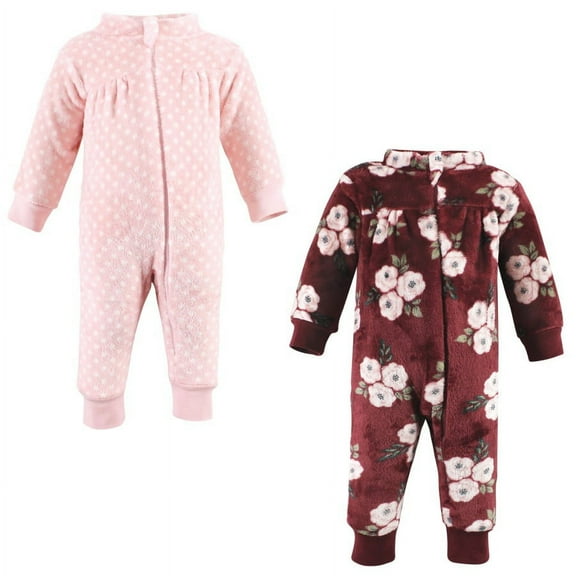 Hudson Baby Infant Girl Plush Jumpsuits, Burgundy Floral, 0-3 Months