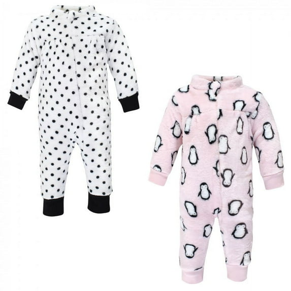 Hudson Baby Infant Girl Plush Jumpsuits, Pink Penguin, 3-6 Months