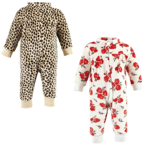 Hudson Baby Infant Girl Plush Jumpsuits, Red Rose Leopard, 18-24 Months
