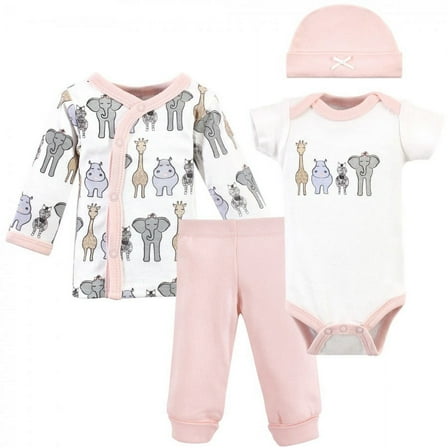 Hudson Baby Infant Girl Preemie Layette Set 4-Piece, Pink Safari, Preemie