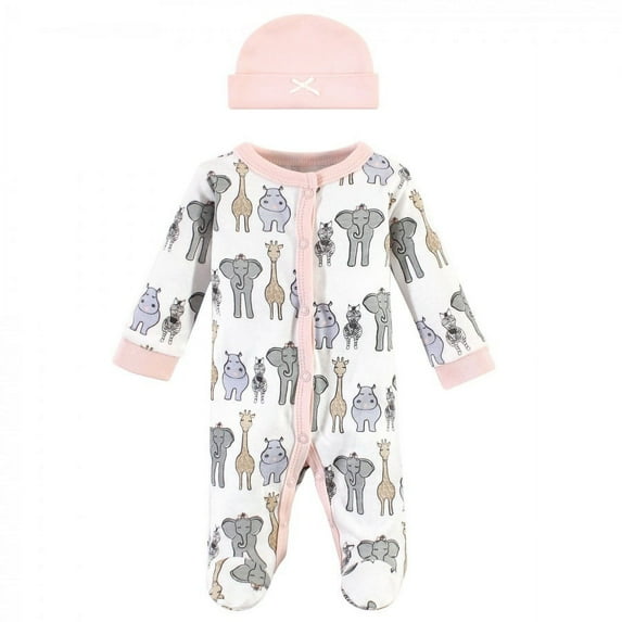 Hudson Baby Infant Girl Preemie Snap Sleep and Play and Cap 2pc Set, Pink Safari, Preemie