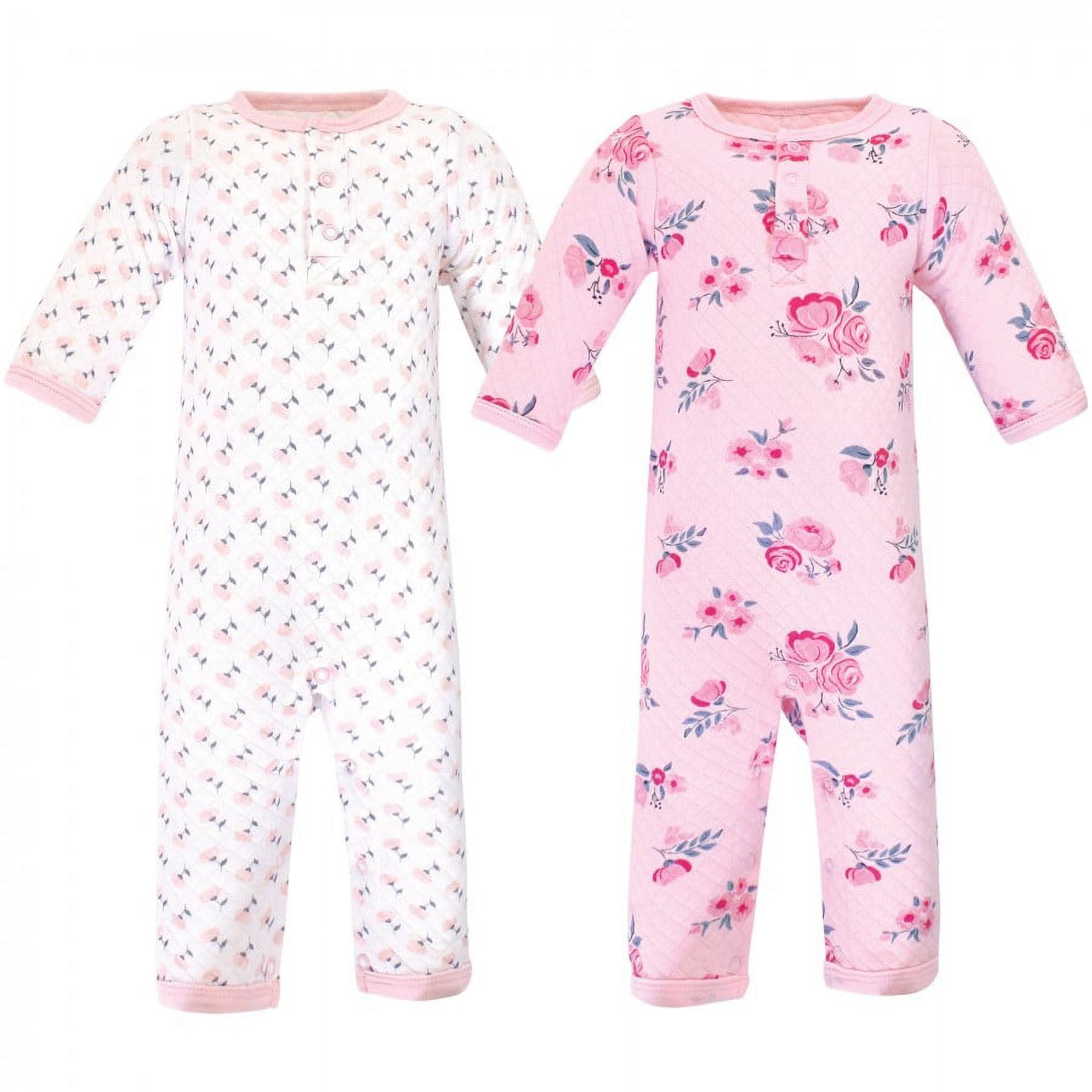 Hudson Baby Infant Girl Premium Quilted Coveralls 2pk, Pink Navy Floral, 03 Months