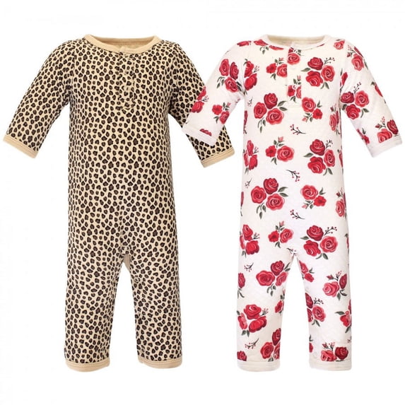 Hudson Baby Infant Girl Premium Quilted Coveralls 2pk, Rose Leopard, 9-12 Months