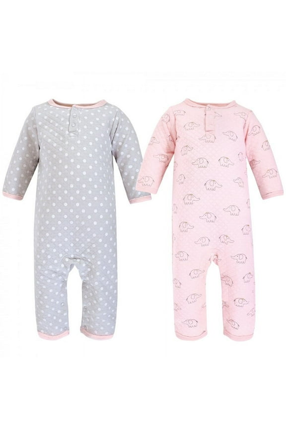 Infant Girl Premium Quilted Coveralls, Pink Gray Elephant, 12-18 Months