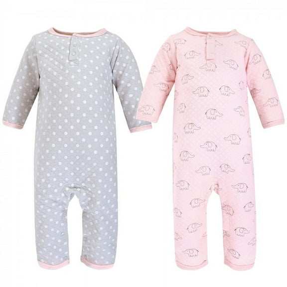 Hudson Baby Infant Girl Premium Quilted Coveralls, Pink Gray Elephant, 6-9 Months