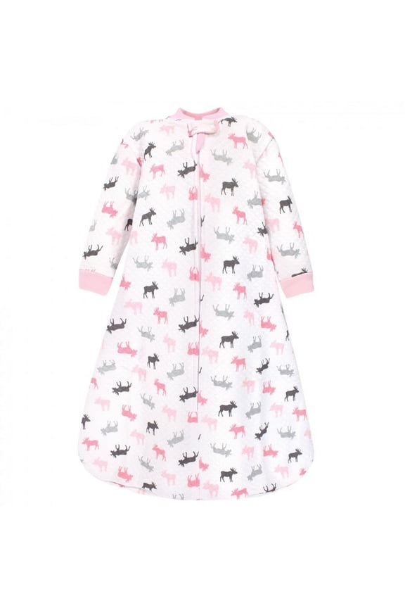 Infant Girl Premium Quilted Long Sleeve Sleeping Bag and Wearable Blanket, Pink Moose, 12-18 Months