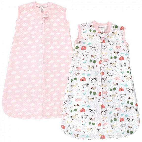 Hudson Baby Infant Girl Premium Quilted Sleeveless Sleeping Bag and Wearable Blanket, Girl Farm Animals, 0-6 Months