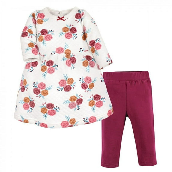 Hudson Baby Infant Girl Quilted Cotton Dress and Leggings, Autumn Rose, 12-18 Months