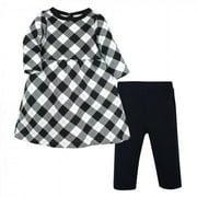 Hudson Baby Infant Girl Quilted Cotton Dress and Leggings, Black Gold Plaid, 0-3 Months
