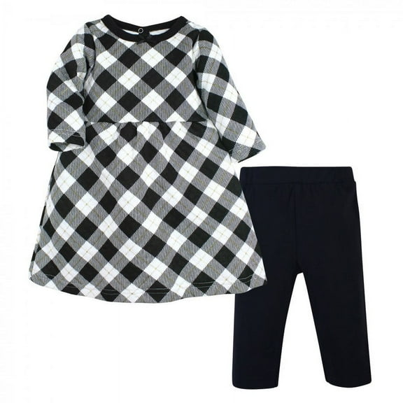 Hudson Baby Infant Girl Quilted Cotton Dress and Leggings, Black Gold Plaid, 18-24 Months