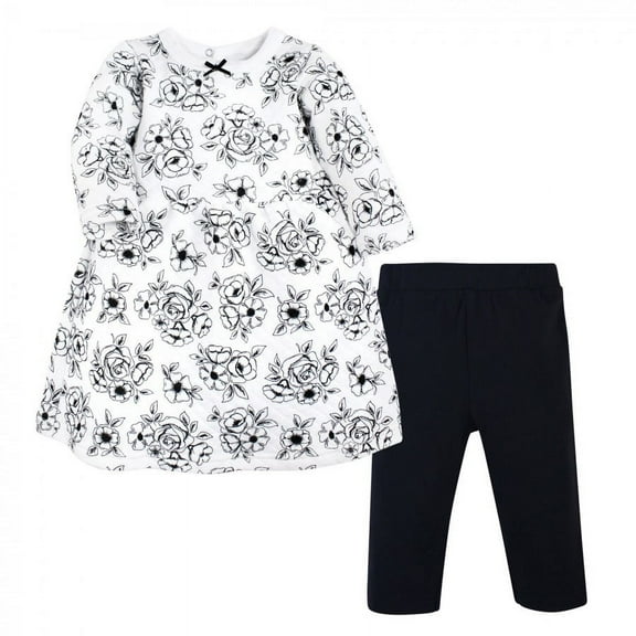Hudson Baby Infant Girl Quilted Cotton Dress and Leggings, Black Toile, 0-3 Months