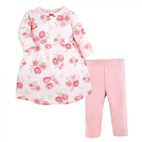 Hudson Baby Infant Girl Quilted Cotton Dress and Leggings, Blush Rose, 0-3 Months