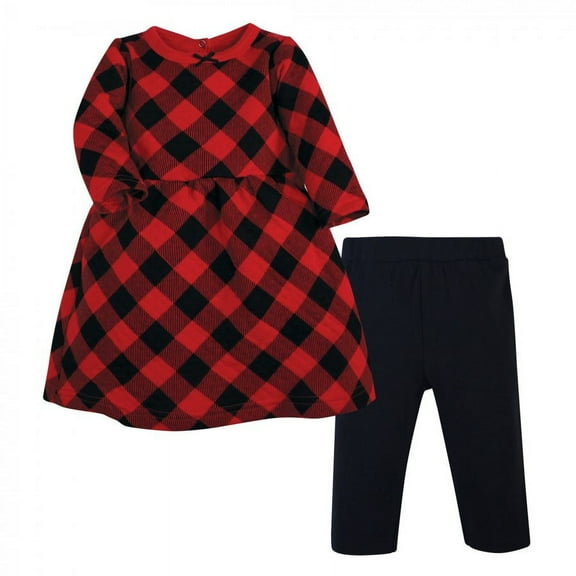 Hudson Baby Infant Girl Quilted Cotton Dress and Leggings, Buffalo Plaid, 0-3 Months