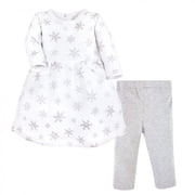 Hudson Baby Infant Girl Quilted Cotton Dress and Leggings, Silver Snowflakes, 0-3 Months